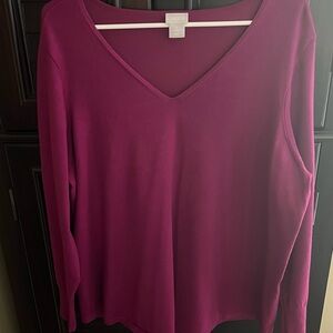 Chico’s Magenta Caviar Trim Long Sleeve V- Neck Pullover in Chico’s Size 3